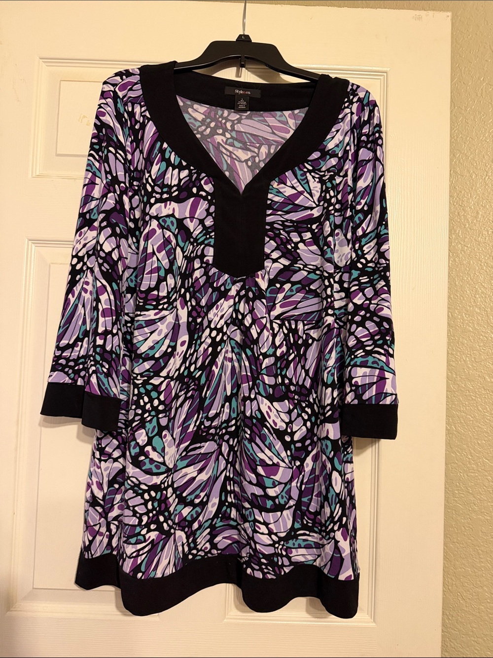 Style & Co. Black and Purple Abstract V-Neck Tunic